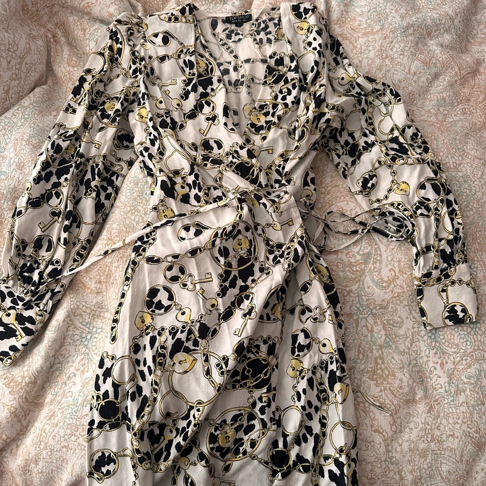 Topshop Black and Gold Chain Print wrap dress